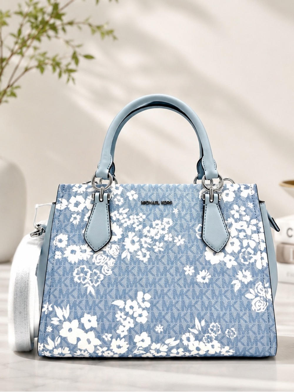 Michael Kors Marilyn Medium Printed Signature Logo Satchel Bag - Pale Ocean